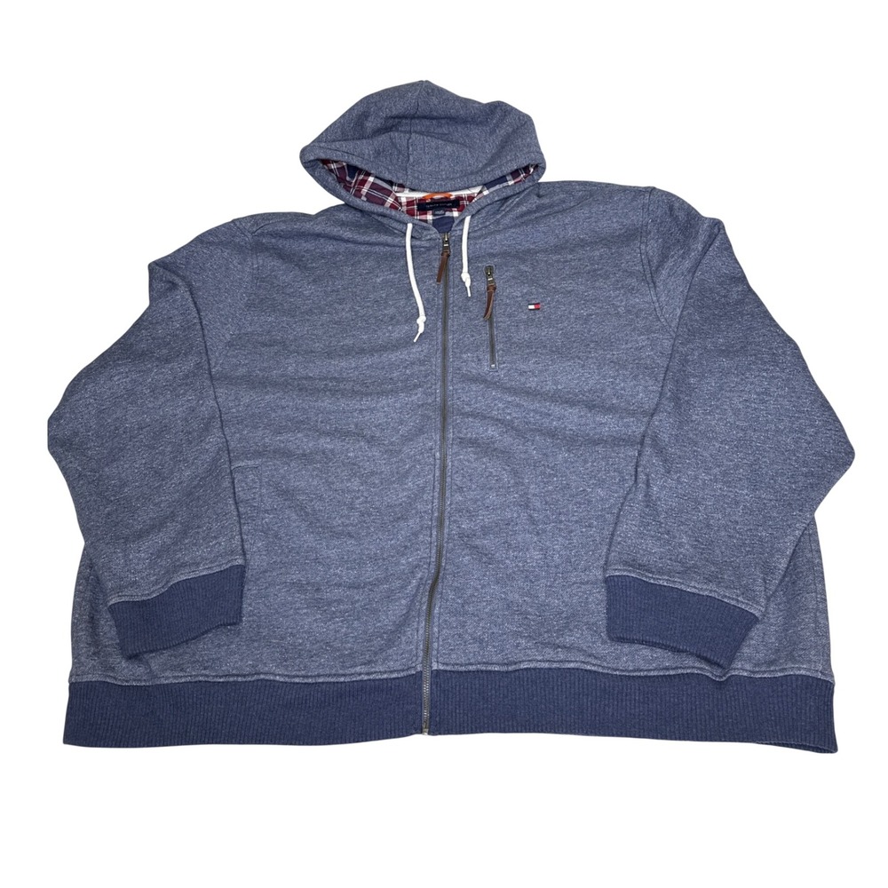 Tommy Hilfiger Hoodie Mens 4XL Blue Cotton Blend Full Zip Plaid Lined Sweatshirt
